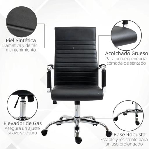 Silla de Escritorio Giratoria Silla de Oficina con Respaldo Alto Ruedas Giratorias Altura Ajustable Función Basculante y Reposabrazos Tapizado en Cuero Sintético Negro [3]