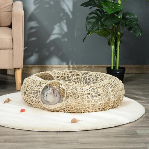 Cama para Gatos de Ratán 78x69x22 cm Cesta para Gatos Rolliza con Cojín Suave 3 Orificios de Acceso Túnel para Gatos Madera Natural