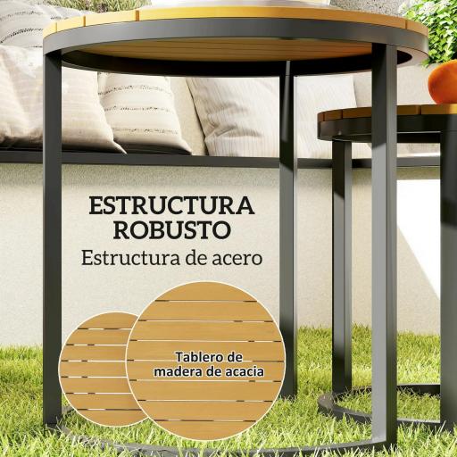Juego de 2 Mesas de Jardín con Encimera de Madera de Acaica Diseño Listones con Marco de Acero y Pies Ajustables Teca [5]