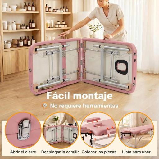 Camilla Masaje Plegable de Aluminio con Altura Ajustable 3 Zonas Reposacabezas Extraíble Bolsa de Transporte Rosa [6]