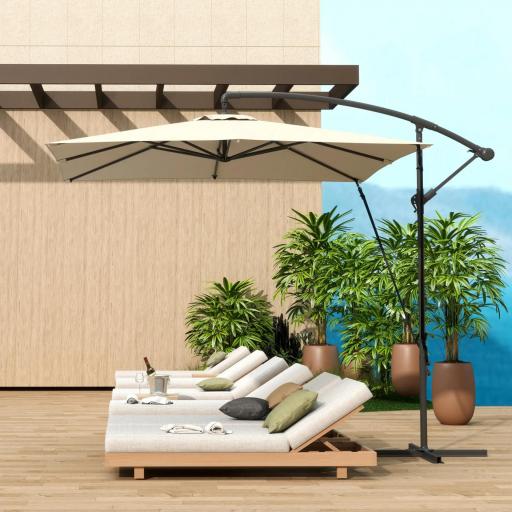 Parasol Excéntrico 247x247 cm con Base Cruzada Manivela Funda Protectora y Toldo Giratorio 360° 247x247x256 cm Caqui