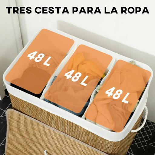 Cesto de Ropa Sucia de Bambú con 1 Compartimento Asas para Facilitar el Uso y Bolsas Desmontables Lavables 60x40x60 cm [7]