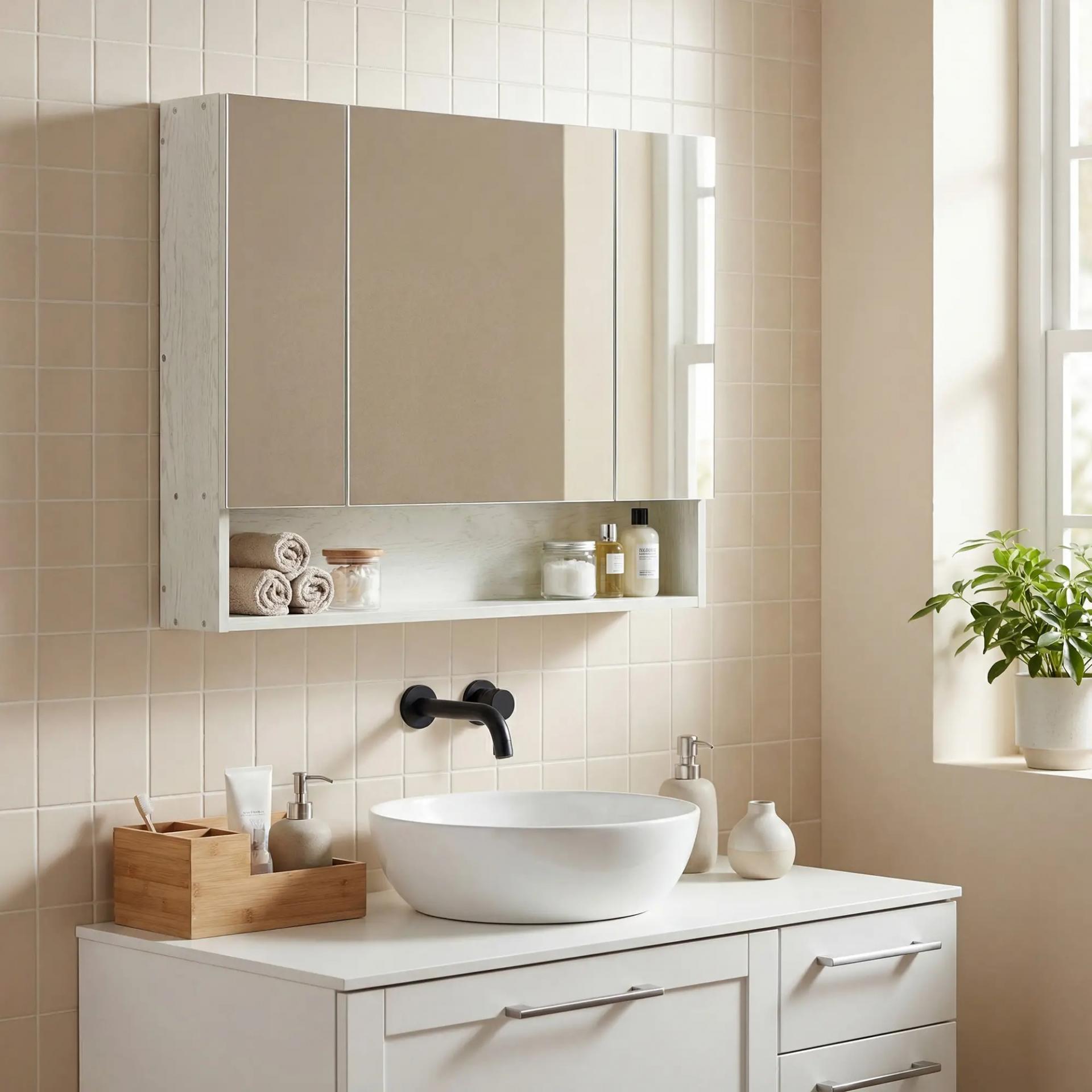 Armario de Baño con Espejo 3 Puertas Estante Ajustable y Compartimento 90x15x75 cm Blanco