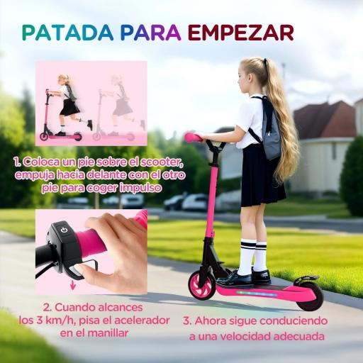 Patinete Eléctrico Plegable de +6 Años Motor 120 W Autonomía 6 KM MAX 10 KM/H Ruedas de 5" - 5,5" Altura Ajustable Rosa [2]
