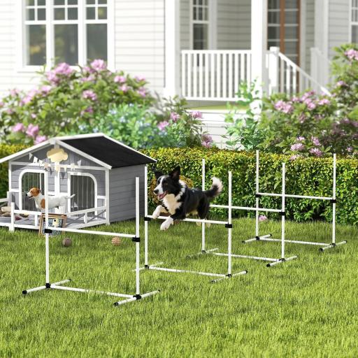 Set de Entrenamiento de Agilidad para Perros Mascotas 4 Piezas Obstáculos Vallas de Salto con Altura Ajustable y Bolsa de Transporte para Exteriores 99x65x94 cm Blanco