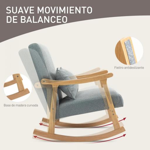 Silla Mecedora con Cojín Lumbar Respaldo Amplio y Base de Madera para Salón o Dormitorio 65x87x84 cm Gris Claro [5]
