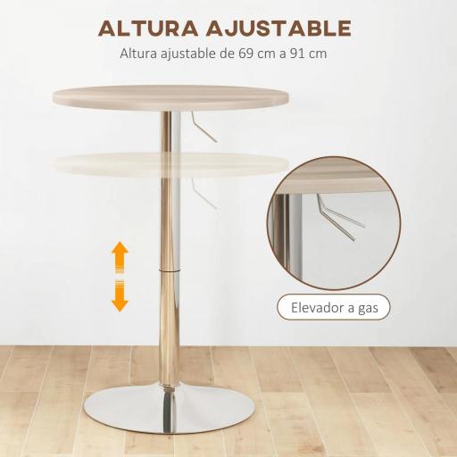 Mesa Alta Cocina Mesa Alta Bar Redonda para 2 Personas Altura Ajustable Tablero Giratorio 360° 60x60x91 cm Roble Claro [2]