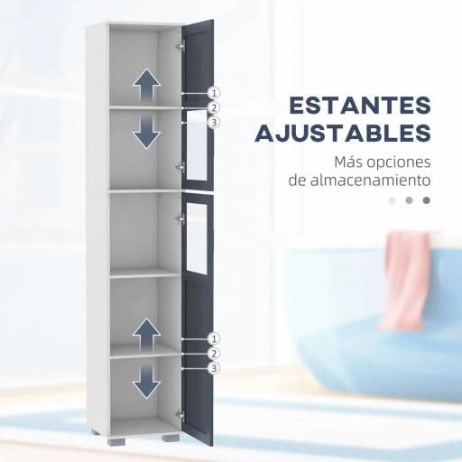 Armario Alto de Baño Mueble Columna de Baño con 2 Puertas de Vidrio Templado y Estantes Ajustables 37x35x190 cm Blanco y Gris [3]