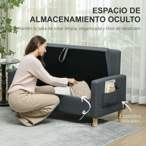 Sofá de 2 Plazas Tapizado en Lino Sintético con Espacio de Almacenaje 2 Almohadas y Patas de Madera 135x71x84 cm Gris [3]