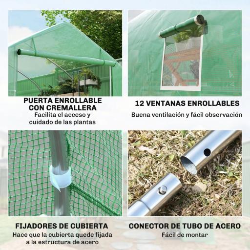 Invernadero de Exterior Invernadero de Túnel 8x3x2 m Invernadero de Jardín con 12 Ventanas y Puerta Enrollable para Cultivo Plantas Tomates Verduras Acero y PE 140 g/m² Verde [4]