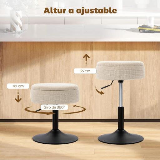 Taburete de Bar con Almacenaje Altura Ajustable Taburete de Cocina Redondo Giratorio Tapizado en Chenilla Beige [3]