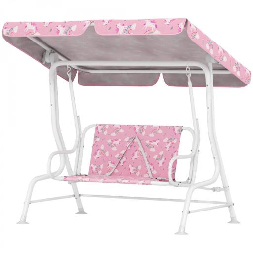 Columpio Jardín Exterior para niños 2 Plazas Toldo Ajustable Cinturones de Seguridad Diseño de Unicornio Arcoíris Rosa [8]