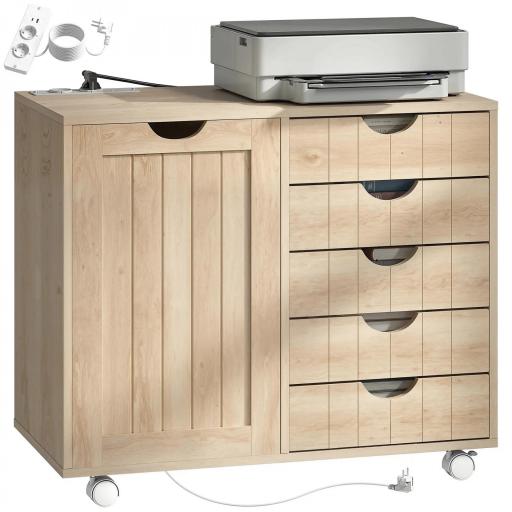 Mueble para Impresora con Estación de Carga y Ruedas 5 Cajones Puertos USB Estante Ajustable Natural [9]
