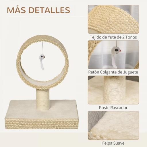 Árbol para Gatos Pequeño 61x41x50 cm Torre de Rascado de Gato con Túnel Superior Poste Rascador de Yute Natural y Juguete de Rata Colgante Beige [3]