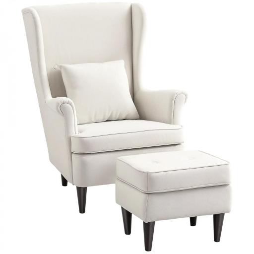 Sillón con Reposapiés Respaldo Alto Capitoné Patas de Madera Almohada Acolchada y Tapizado en Lino Beige [8]