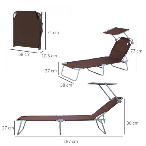 Tumbona de jardín Plegable con Toldo y Respaldo Reclinable para Jardín Terraza Acampada 187x58x36cm Marrón [1]