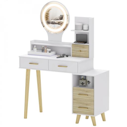 Tocador con Espejo y Luces LED Ajustables con 5 Cajones 4 Compartimentos y 1 Estante 100x44x137 cm Blanco y Natural [9]