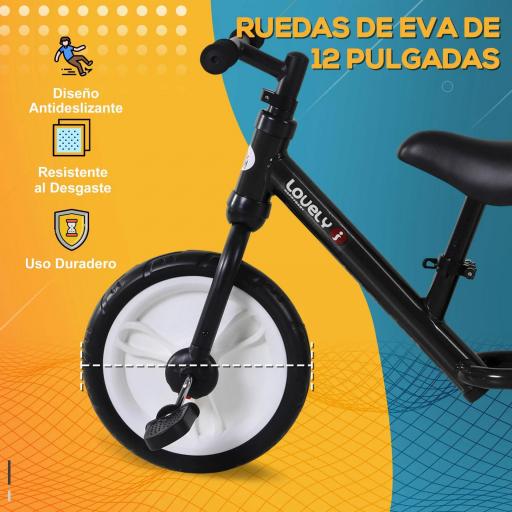 Bicicleta de Equilibrio con Pedales y Ruedas Entrenamiento Extraíbles de Asiento Regulable 33-38cm Niños +24 Meses Carga 25kg Negro [4]