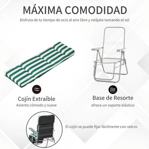  2 Tumbonas de Jardín de Acero con Cojín Acolchado Respaldo Ajustable y Reposapiés 60x75x66-102 cm Rayas Verde [3]