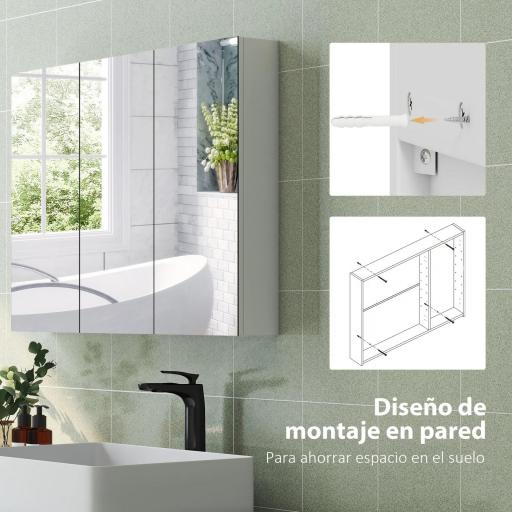 Armario de Baño con Espejo Armario de Pared con 3 Puertas Estantes Ajustables 91,5x11,5x65 cm Blanco [3]