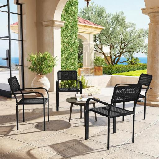 Juego de 4 Sillas de Jardín Exterior Apilables con Reposabrazos Respaldo y Marco de Acero 55x60x83 cm Negro