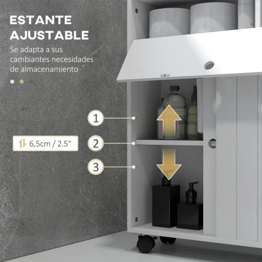 Armario de Baño Mueble Auxiliar con 4 Ruedas 2 Agujeros para Papel 2 Armarios y Estantes Ajustables 52x17x67 cm Blanco [5]
