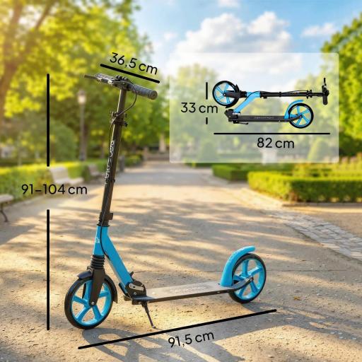 Patinete Plegable para Adultos y Niños de +14 Años Scooter con Manillar Ajustable 91,5x36,5x91-104 cm Azul [1]