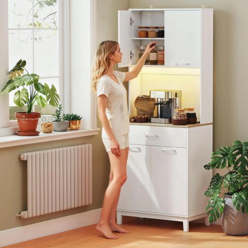 Alacena de Cocina con Luces LED Estación de Carga 4 Puertas Cajón Encimera Abierta 71x40x180 cm Blanco [1]