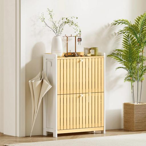 Zapatero Estrecho con 2 Puertas de Bambú con Listones Estantes Ajustables para 12 Pares de Zapatos Blanco y Natural [3]