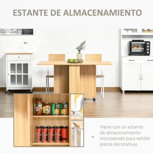 Mesa de Comedor Plegable con Ruedas Mesa Auxiliar Multifuncional con Alas Abatibles y Estantes 140x80x74cm Madera [4]