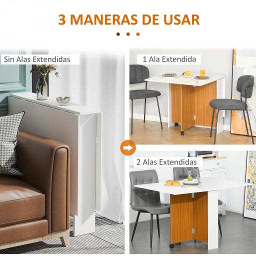 Mesa de Comedor Plegable con Ruedas Mesa Auxiliar Multifuncional con 2 Alas Abatibles 120x80x73 cm Blanco y Teca [2]