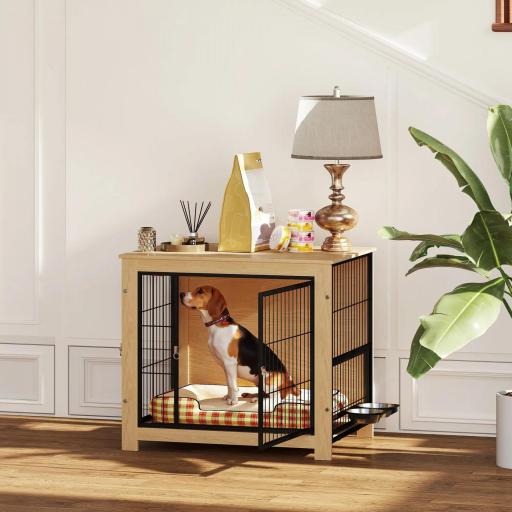 Jaula para Perros Mesa Auxiliar Moderna con 2 Puertas Soporte Giratorio con 2 Tazones 80x60x68 cm Roble