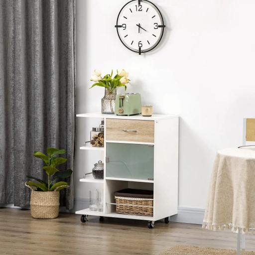 Carrito de Cocina Verdulero con 1 Cajón Puerta de Vidrio y Estantes Carro Auxiliar con Ruedas 65x39x80 cm Natural [9]