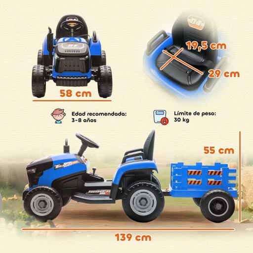 Tractor Eléctrico para Niños con Remolque Desmontable Batería 12V Velocidad 3-5 km/h, Control Remoto 2,4G Azul [3]