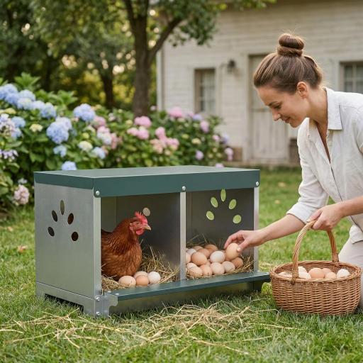 Ponedero para Gallinas de Acero Galvanizado con 2 Huecos para 2 Gallinas con Techo Impermeable y Ventilación Plateado y Verde [1]