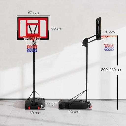 Canasta de Baloncesto Infantil con Altura Ajustable 200-260 cm Ruedas Base Rellenable y Bolsa de Peso Rojo y Negro [1]
