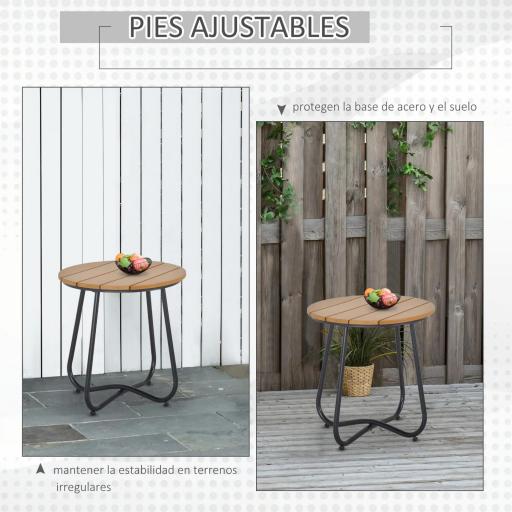 Mesa Redonda de Jardín con Diseño de Listones y Patas Ajustables para Terraza Balcón y Jardín Ø49x48 cm Madera y Negro [7]