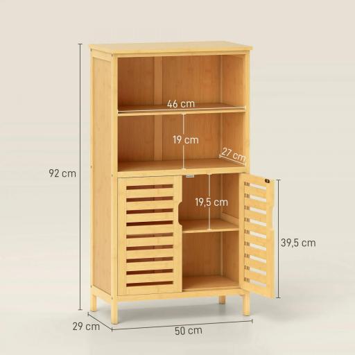 Mueble Auxiliar de Baño de Bambú Mueble de Baño con 2 Puertas 2 Estantes Abiertos y Patas Elevadas 50x29x92 cm Natural [1]