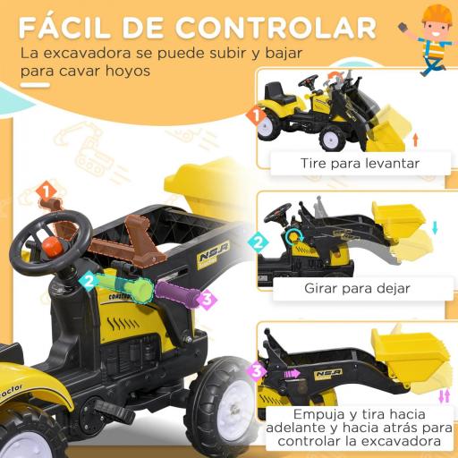 Tractor a Pedales para Niños a partir de 3 Años Excavadora con Pala Delantera Carga 35 kg 114x41x52 cm Amarillo [3]