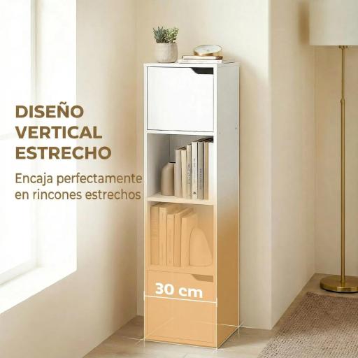 Estantería para Libros con 2 Puertas Librería Estrecha de 4 Niveles con 2 Estantes Abiertos 30x29x119 cm Blanco [5]