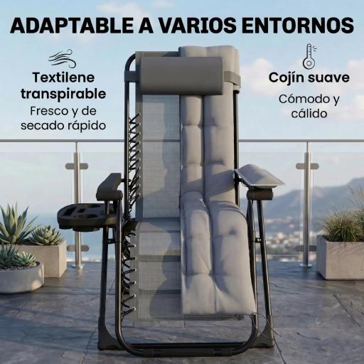 Silla de Gravedad Cero Tumbona Plegable y Reclinable Ajustable con Reposabrazos Reposacabezas Portavasos Gris Claro [5]