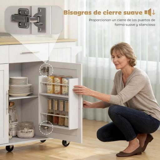 Isla de Cocina con Ruedas Encimera Plegable 2 Puertas con Cierre Suave Bandeja Extraíble 2 Cajones Blanco [5]