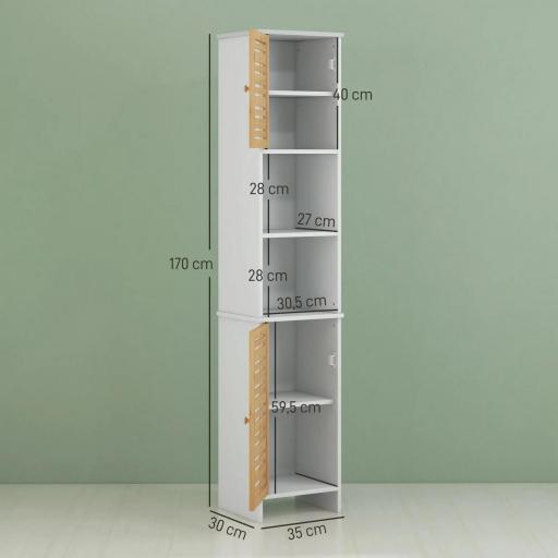 Mueble Auxiliar de Baño con Estantes Ajustables y Puertas de Bambú Anti-vuelco 35x30x170 cm Blanco y Natural [1]