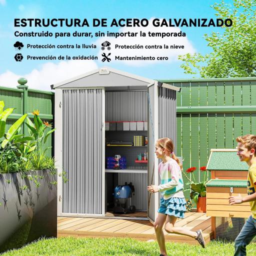 Cobertizo de Jardín Exterior 1,1 m² 133x87x178 cm con 2 Puertas Correderas Techo Inclinado y Guantes Gris Plateado [7]