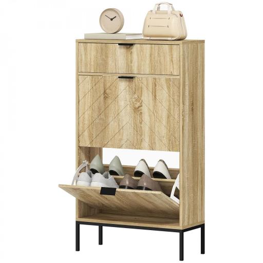 Zapatero Estrecho con 2 Puertas Cajón y Estantes Ajustables para 8 Pares de Zapatos 60x24x105,5 cm Roble [8]