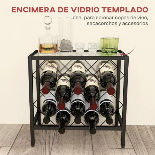 Botellero Vino para 10 Botellas con Encimera de Vidrio Templado y Marco de Acero para Salón Comedor 41x22x41 cm Negro [4]