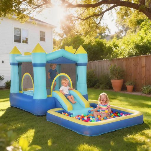 Castillo Hinchable para Niños con Soplador Tobogán Cama Elástica Piscina y Aro de Baloncesto para Niños 3-8 Años Azul