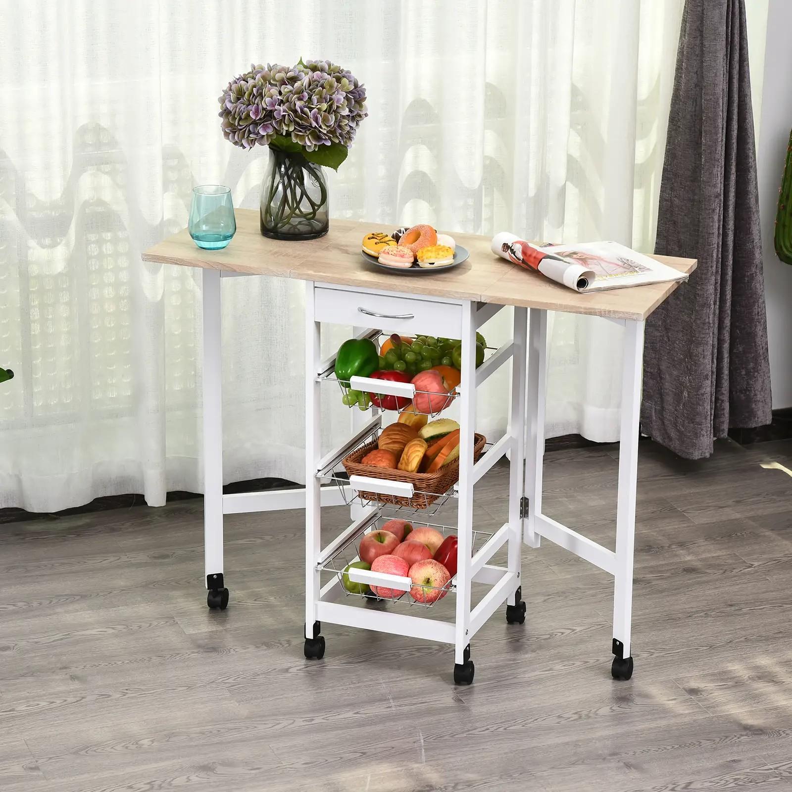 Carrito Auxiliar Plegable Carrito de Cocina con 6 Ruedas 1 Cajón y 3 Cesta de Metal 97,2x37x77,5 cm Blanco y Roble
