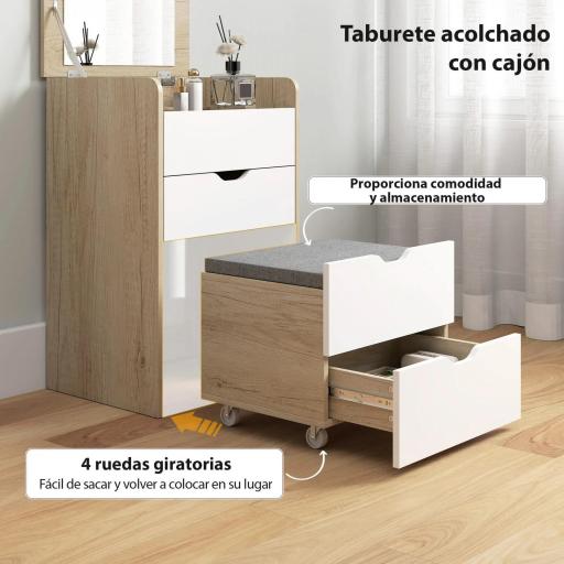  Tocador de Maquillaje 3 en 1 con Taburete Oculto y Espejo Abatible Mesa de Maquillaje de Vidrio Visible Roble y Blanco [3]