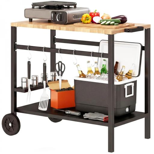 Carrito de Barbacoa de 2 Niveles Mesa Auxiliar para Barbacoa Móvil con Ruedas Portabebidas Ganchos Asa Negro y Marrón [8]